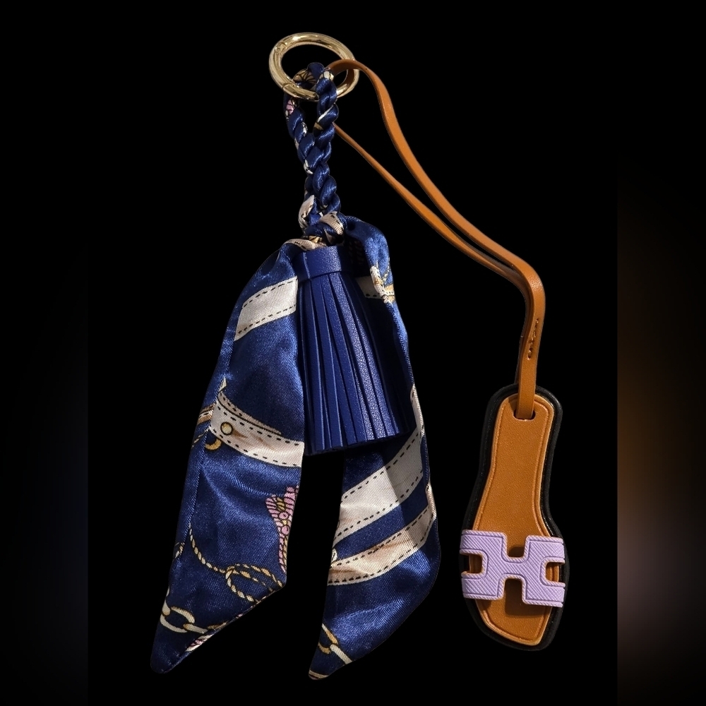 Luxury Blue Scarf Tassel & Leather H Charm Bag Accessory / Keychain